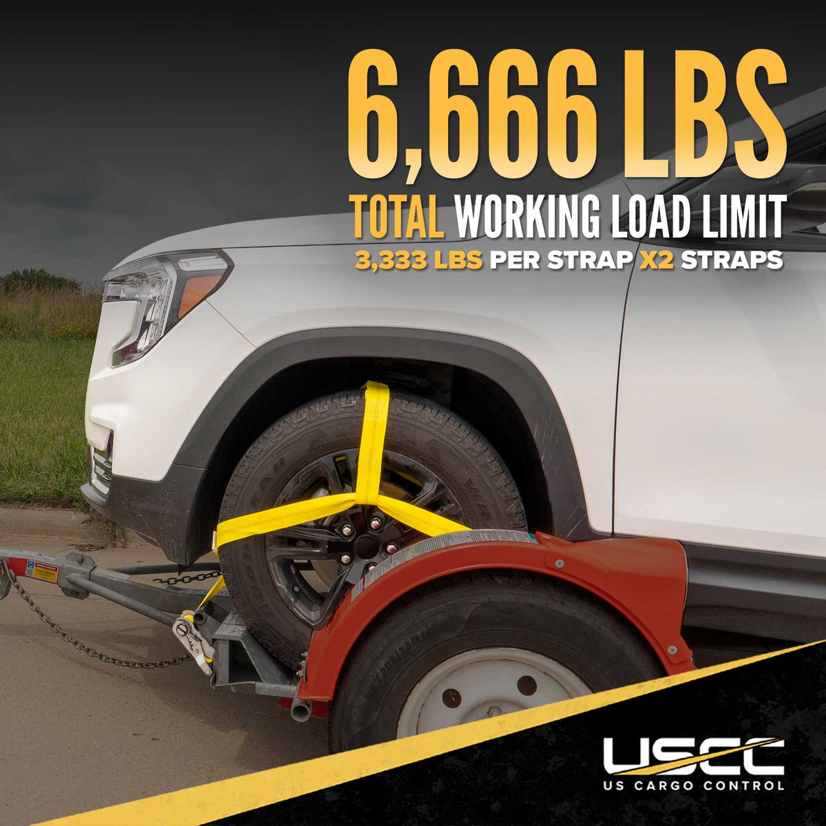Yellow Adjustable Tow Dolly Strap with 2" Top Strap and Twisted Snap Hook - 2 pack