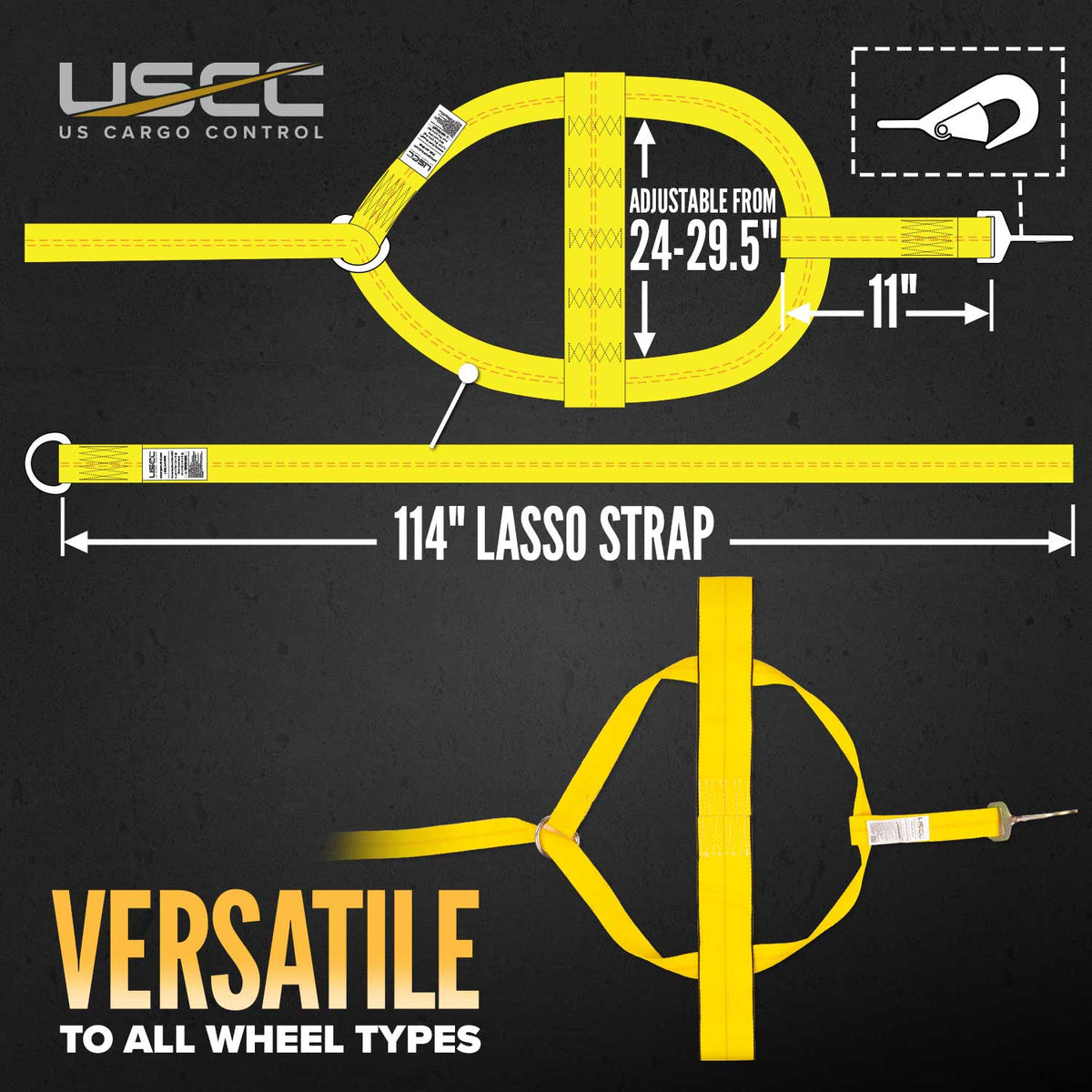 Yellow Adjustable Tow Dolly Strap with 4" Top Strap and Twisted Snap Hook - 2 pack
