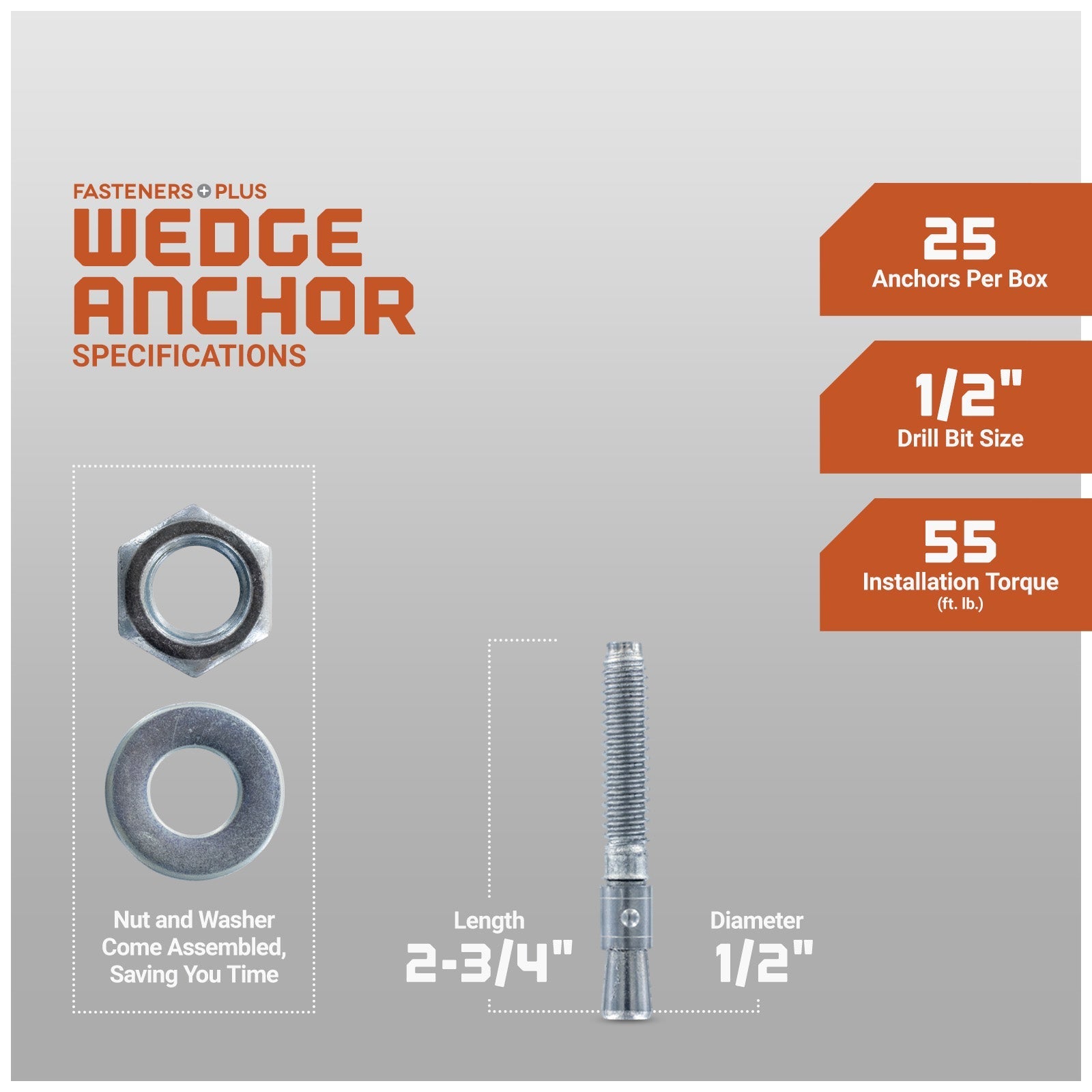 1/2" x 2-3/4" Red Head Trubolt Wedge Anchor, Zinc, Pkg 25 Dimensions