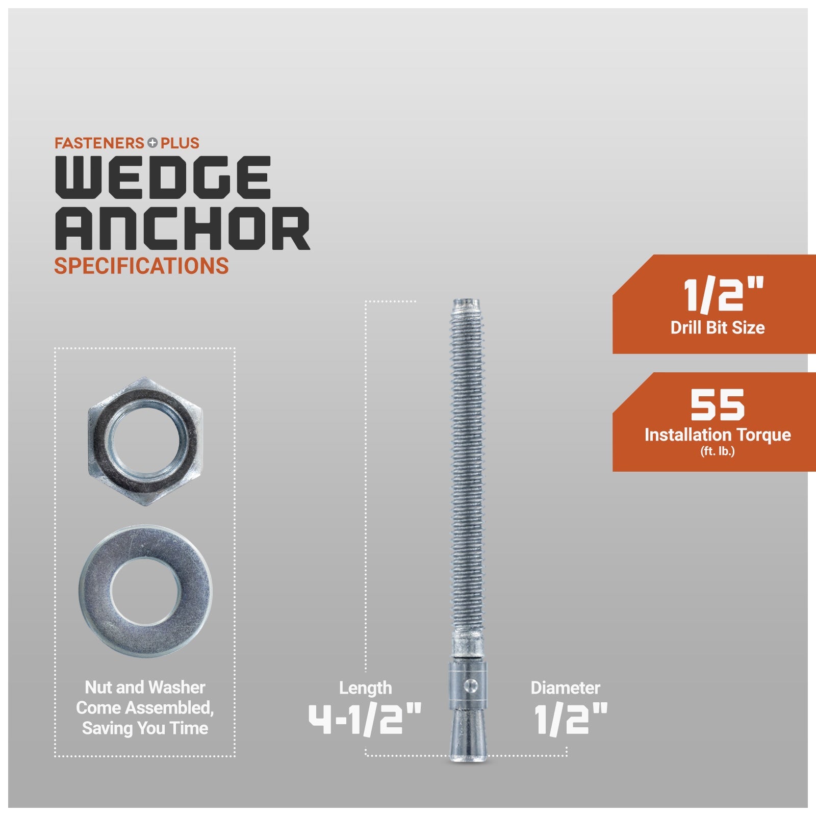 Wedge anchor specifications, nut and washer come assembled saving you time