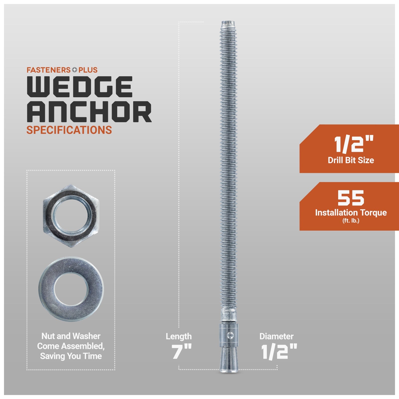 wedge anchor specifications, nut and washer come assembled saving you time