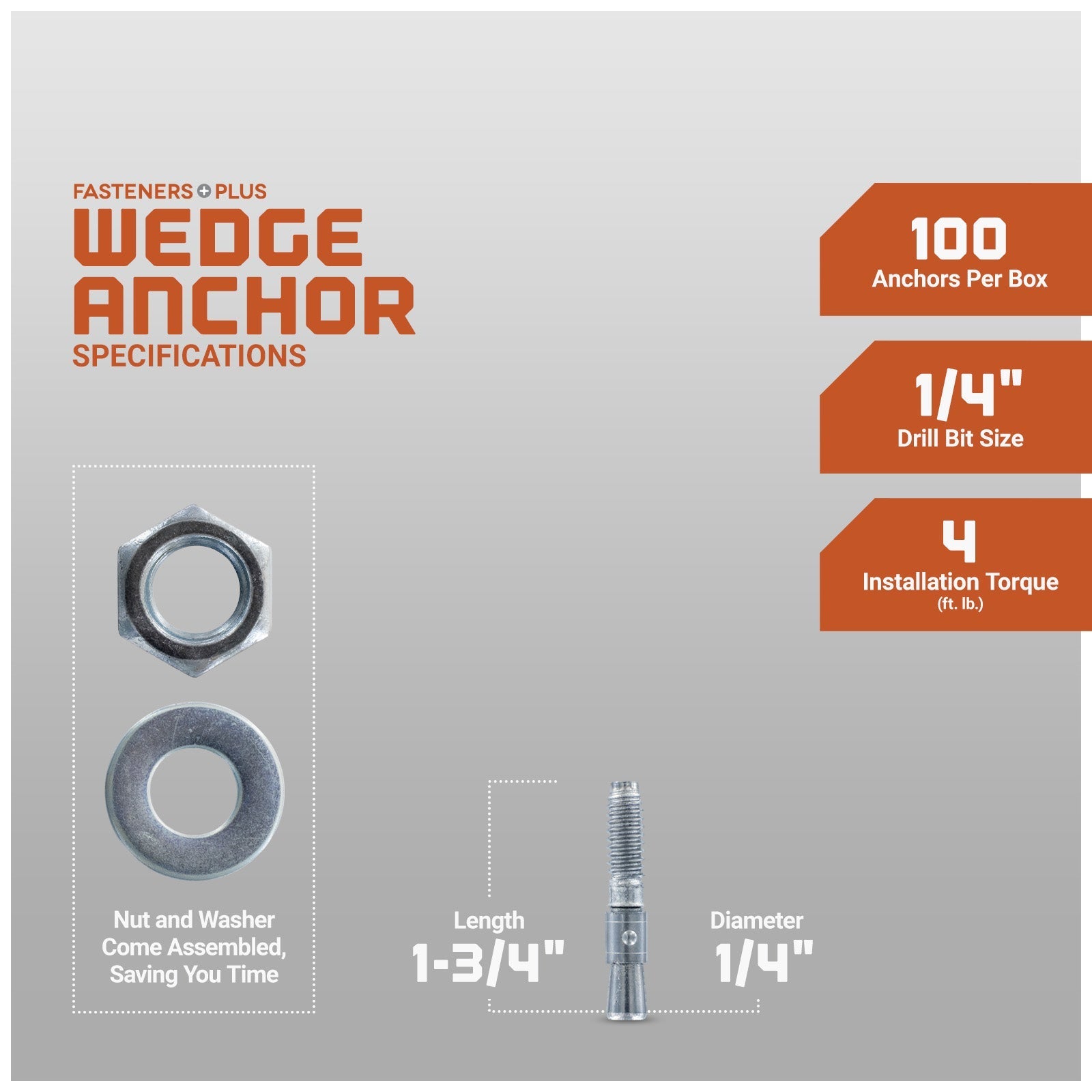 1/4" x 1-3/4" Red Head Trubolt Wedge Anchor, Zinc, Pkg 100 Dimensions