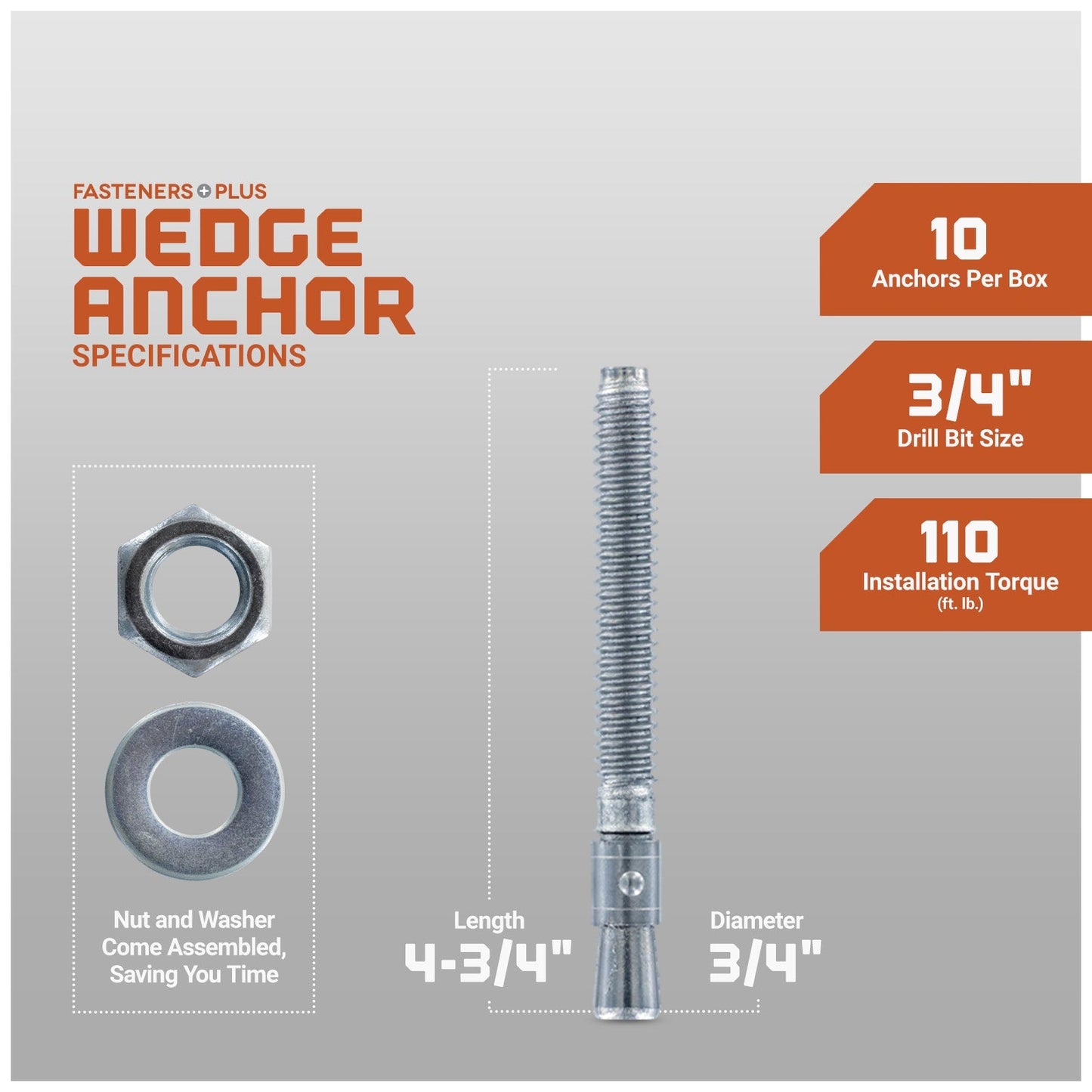 3/4" x 4-3/4" Red Head Trubolt Wedge Anchor, Zinc, Pkg 10 Dimensions