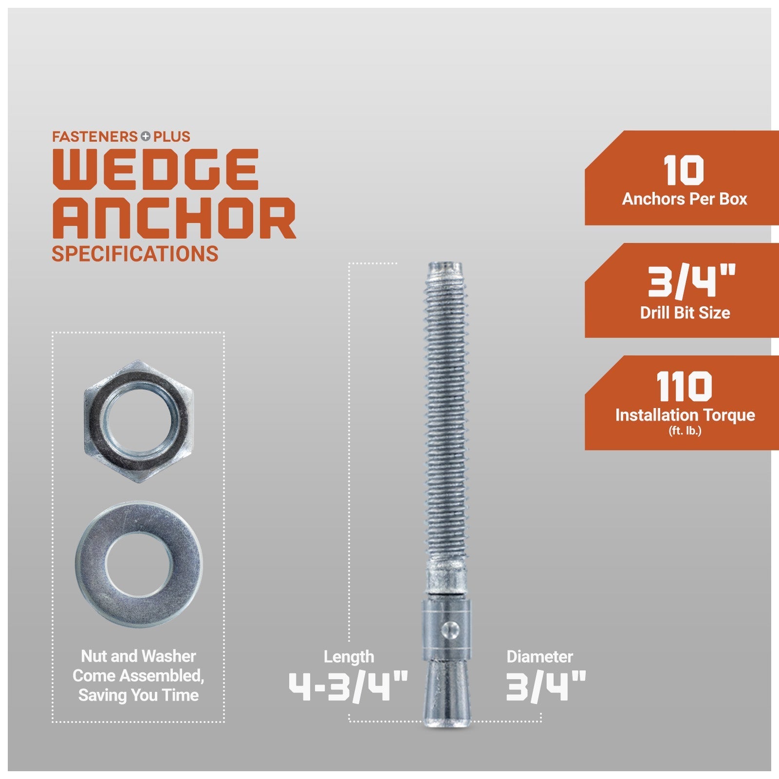 3/4" x 4-3/4" Red Head Trubolt Wedge Anchor, Zinc, Pkg 10 Dimensions