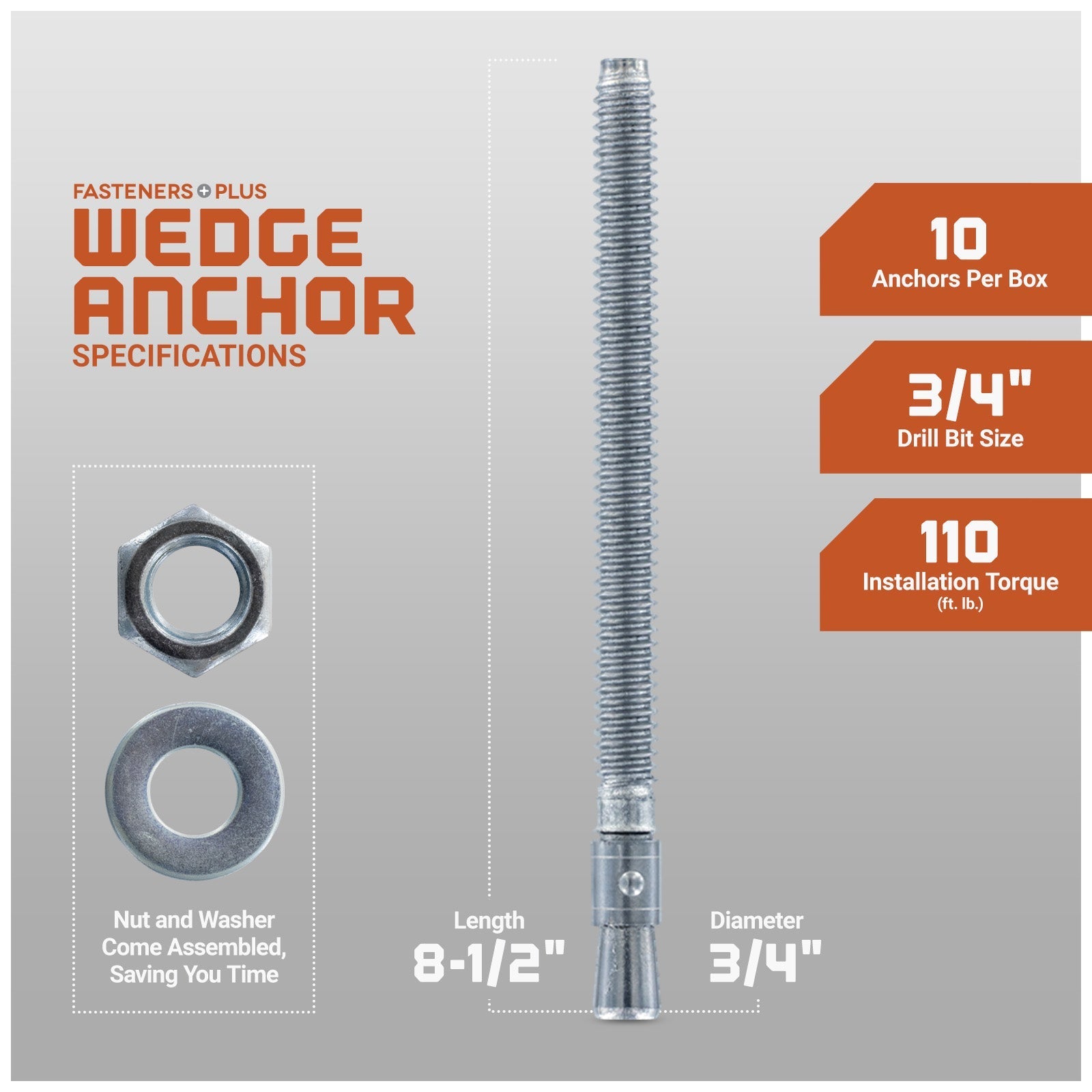 3/4" x 8-1/2" Red Head Trubolt Wedge Anchor, Zinc, Pkg 10 Dimensions