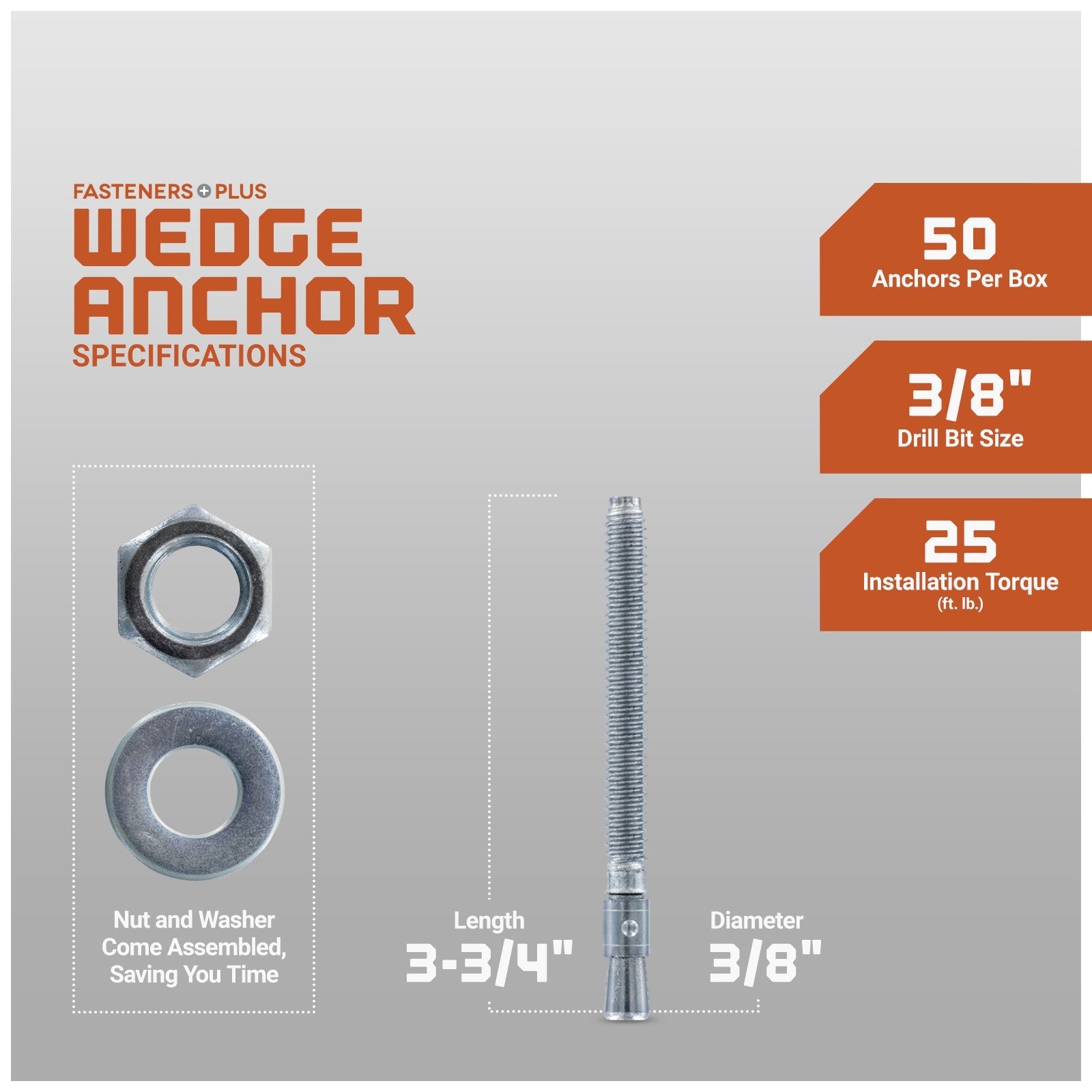 3/8" x 3-3/4" Red Head Trubolt Wedge Anchor, Pkg 50 Dimensions