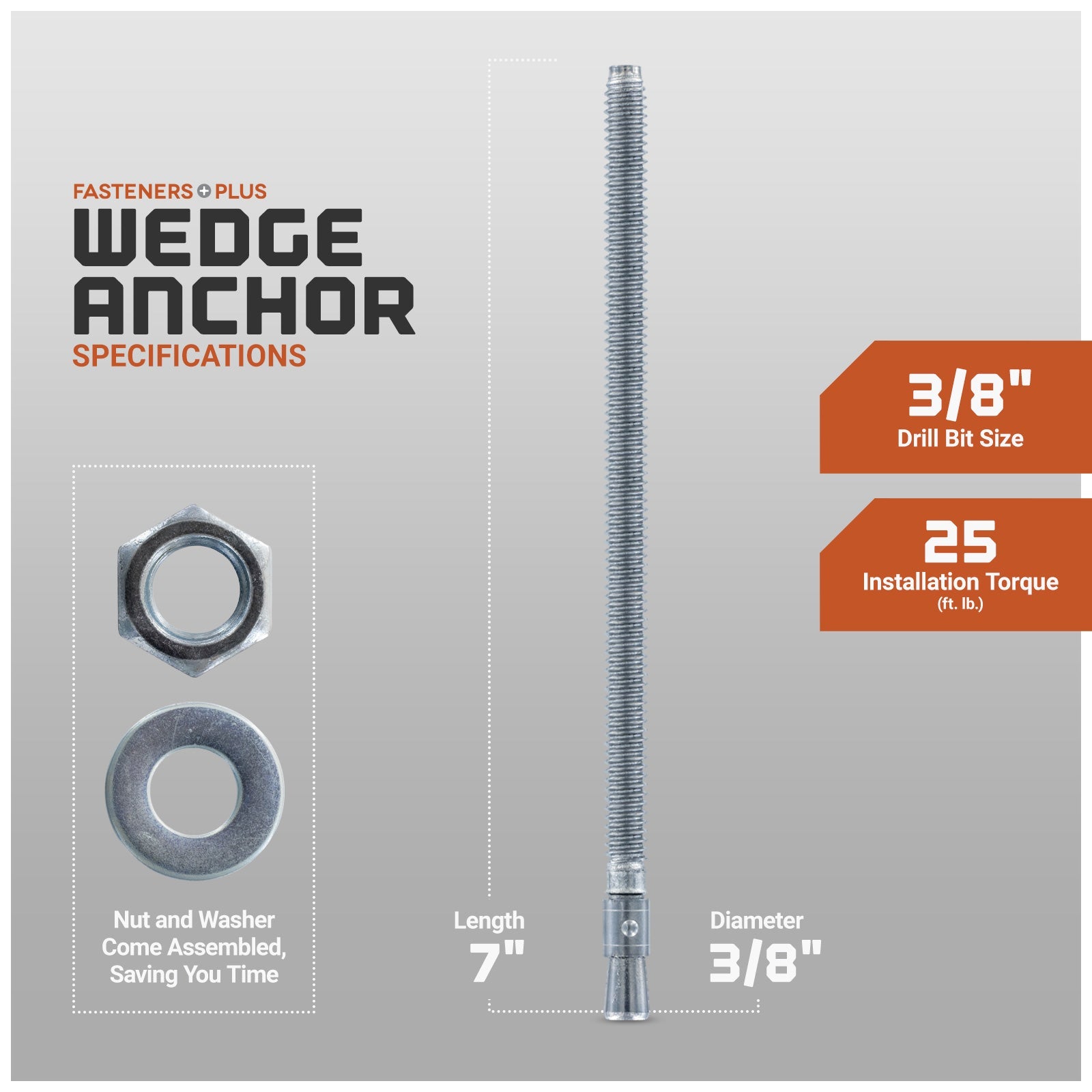 wedge anchor specifications, nut and washer come assembled saving you time