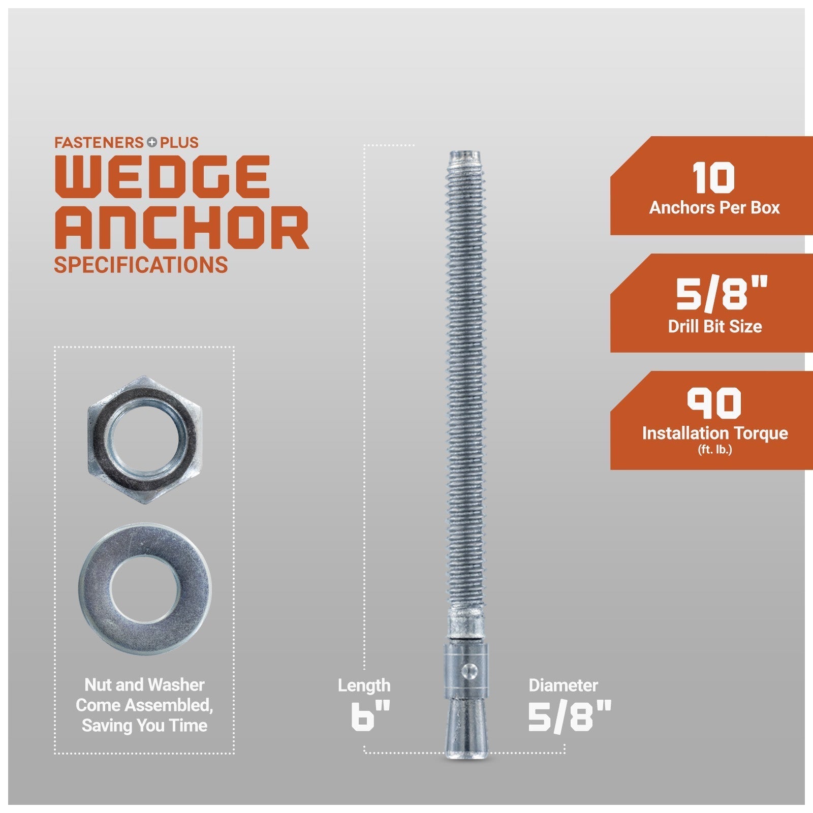 5/8" x 6" Red Head Trubolt Wedge Anchor, Pkg 10 Dimensions
