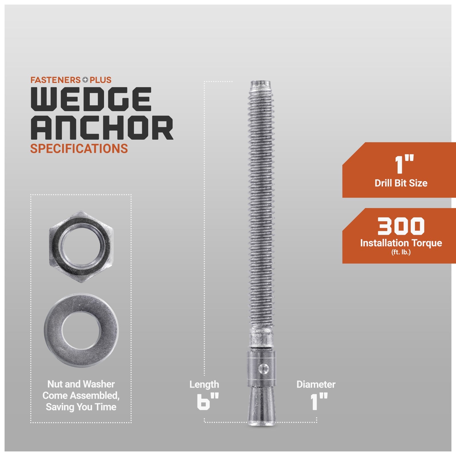 wedge anchor specifications, nut and washer come assembled saving you time