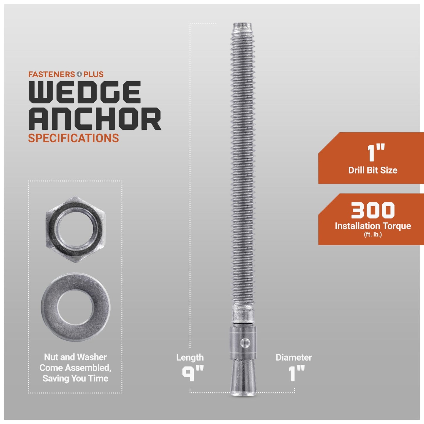 wedge anchor specifications, nut and washer come assembled saving you time