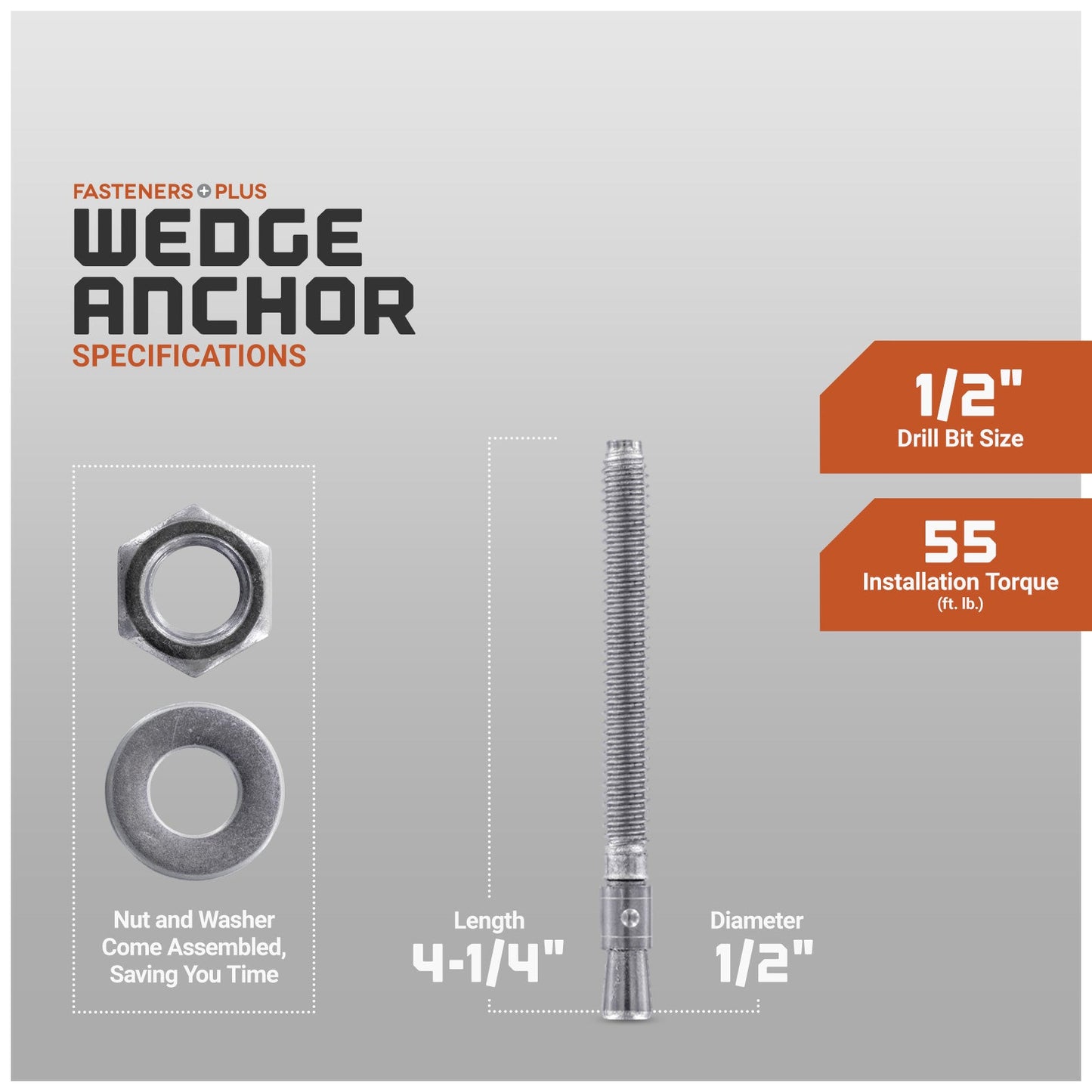 wedge anchor specifications, nut and washer come assembled saving you time