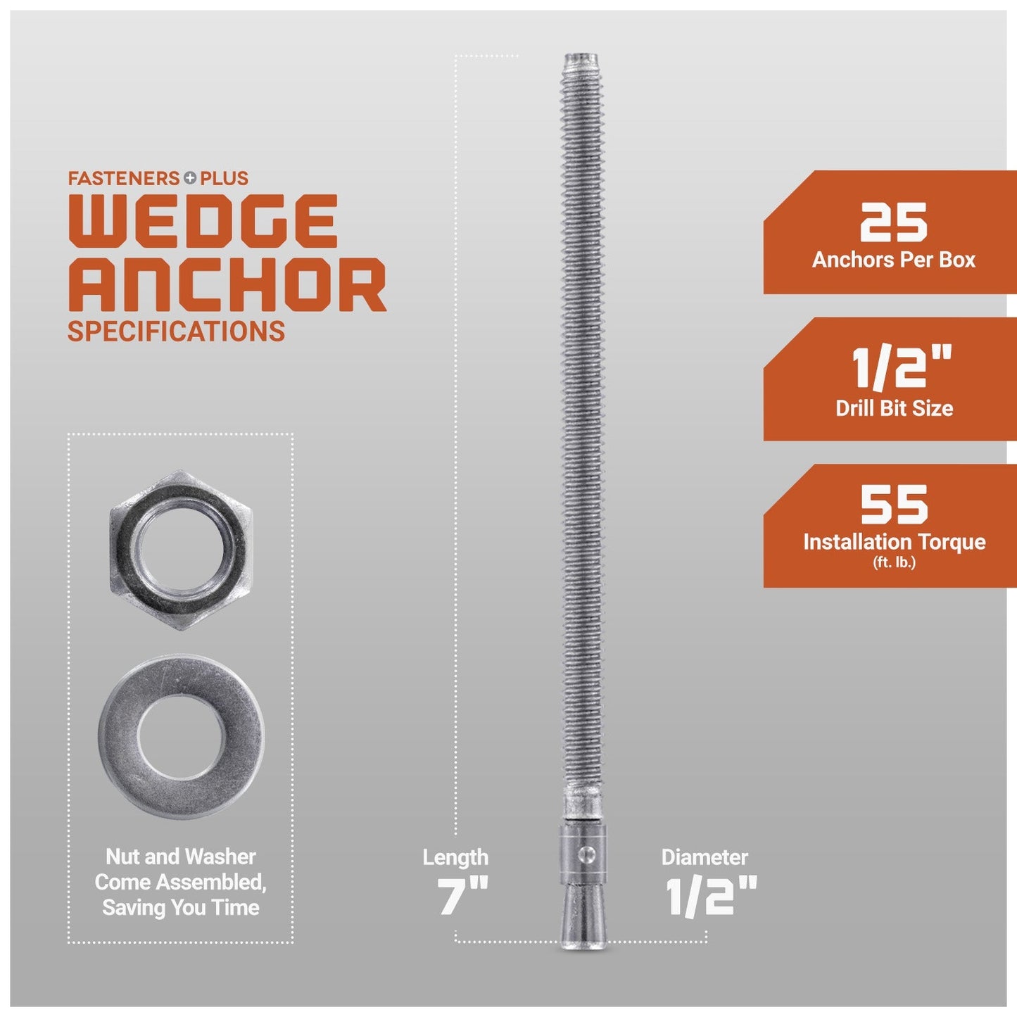 1/2" x 7" Red Head Trubolt 304 Stainless Steel Wedge Anchor, Pkg 25 Dimensions