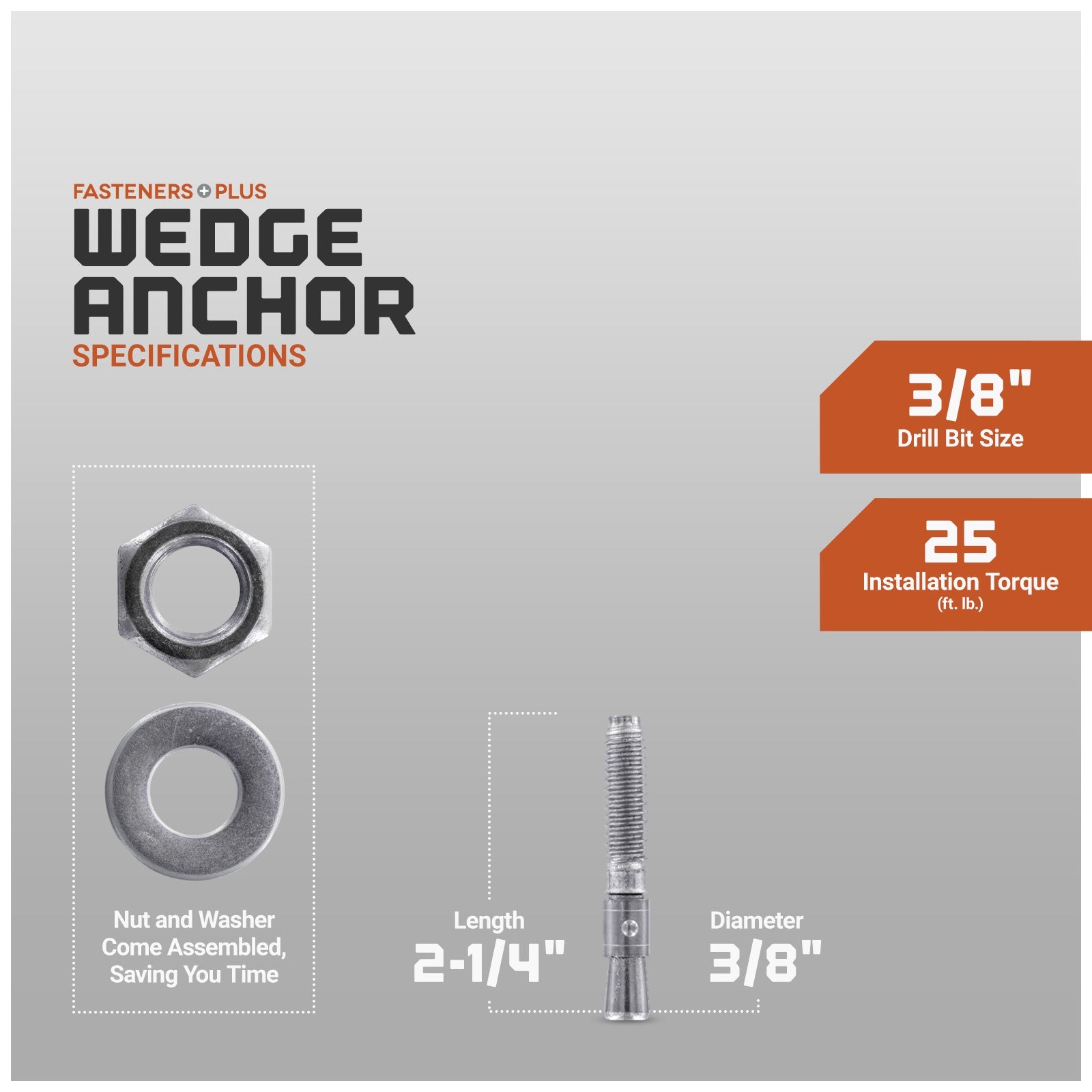 wedge anchor specifications, nut and washer come assembled saving you time