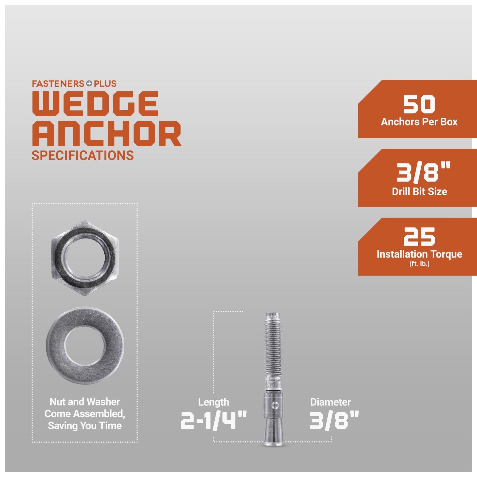 3/8" x 2-1/4" Red Head Trubolt 304 Stainless Steel Wedge Anchor, Pkg 50 Dimensions