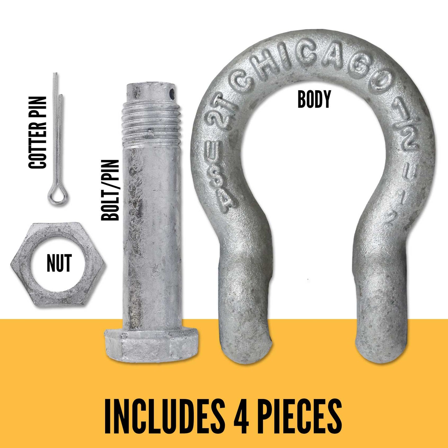 Bolt Type Anchor Shackle - Chicago Hardware - 1/2" Galvanized Steel - 2 Ton parts of a shackle