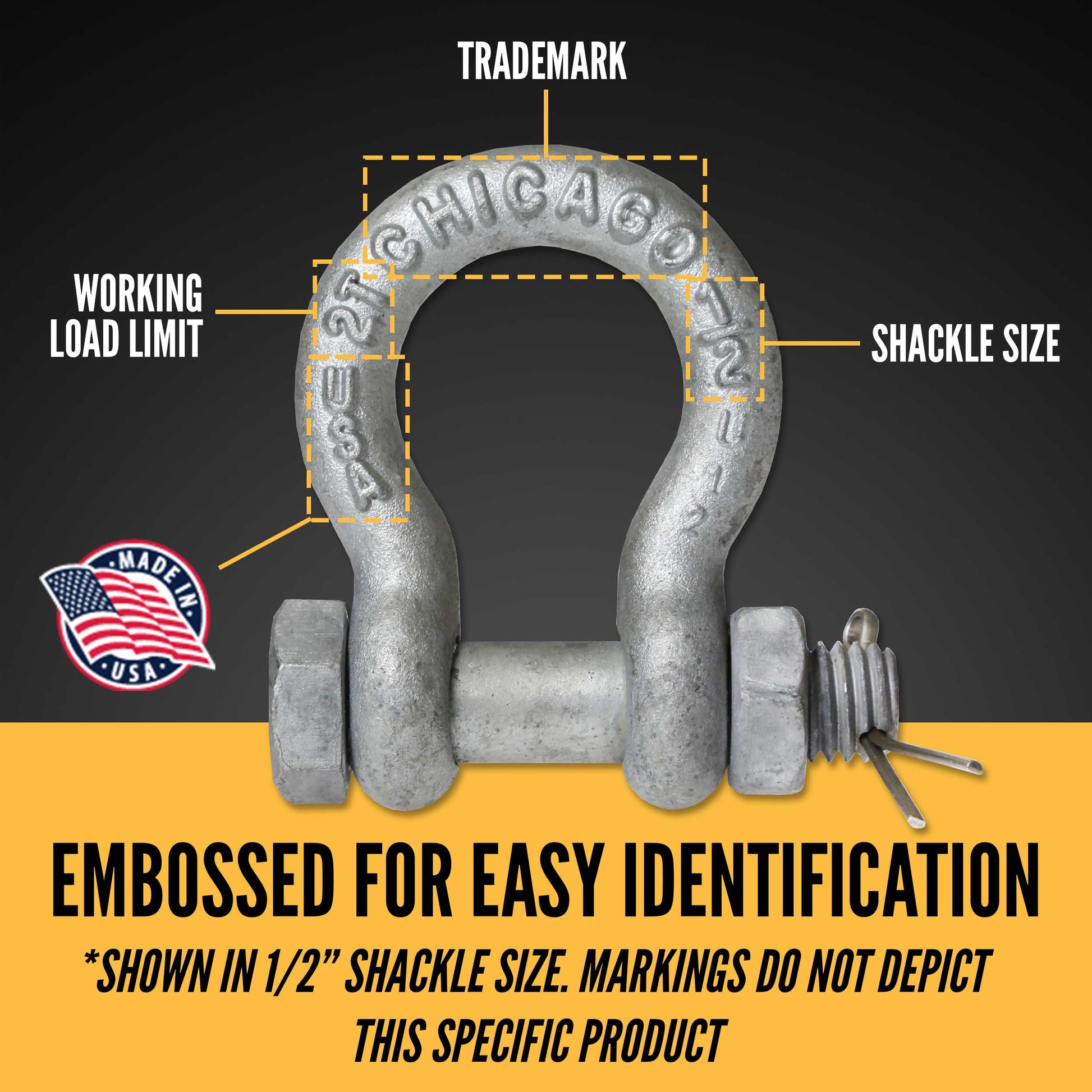 Bolt Type Anchor Shackle - Chicago Hardware - 1-1/2" Galvanized Steel - 17 Ton embossed for easy identification