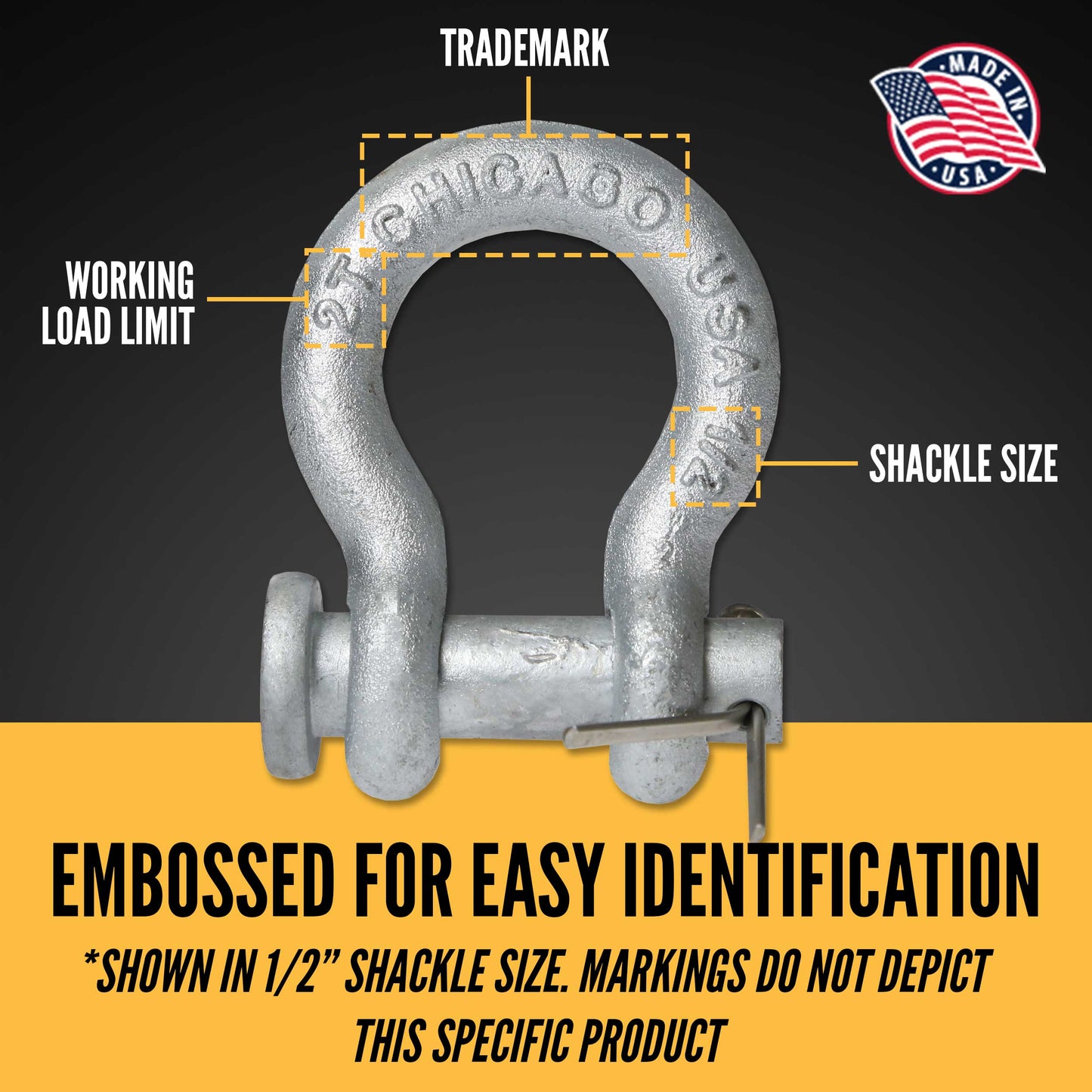 Anchor Shackle - Chicago Hardware - Round Pin - 1-1/2" Galvanized Steel - 17 Ton embossed for easy identification