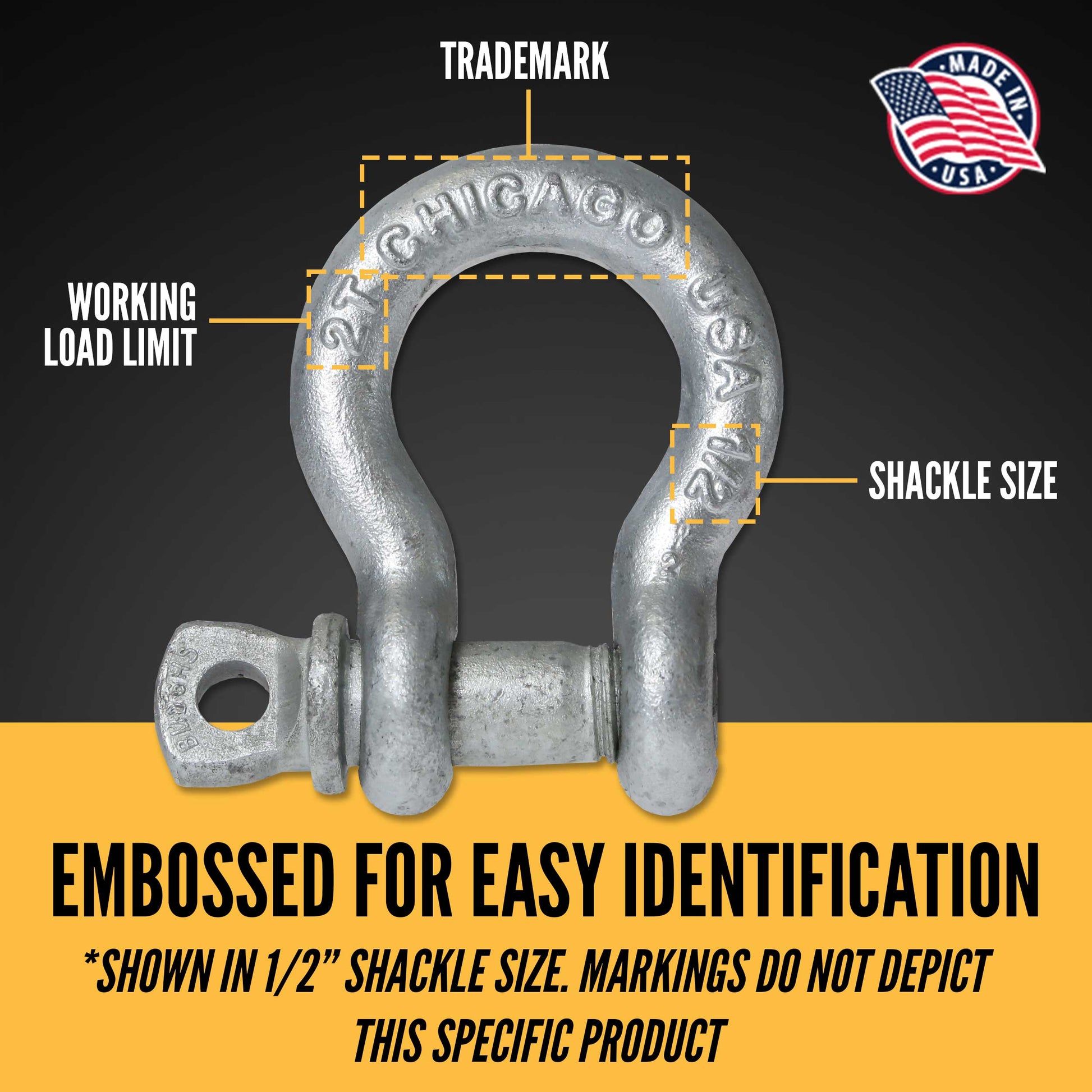 Screw Pin Anchor Shackle - Chicago Hardware - 5/8" Galvanized Steel - 3.25 Ton embossed for easy identification