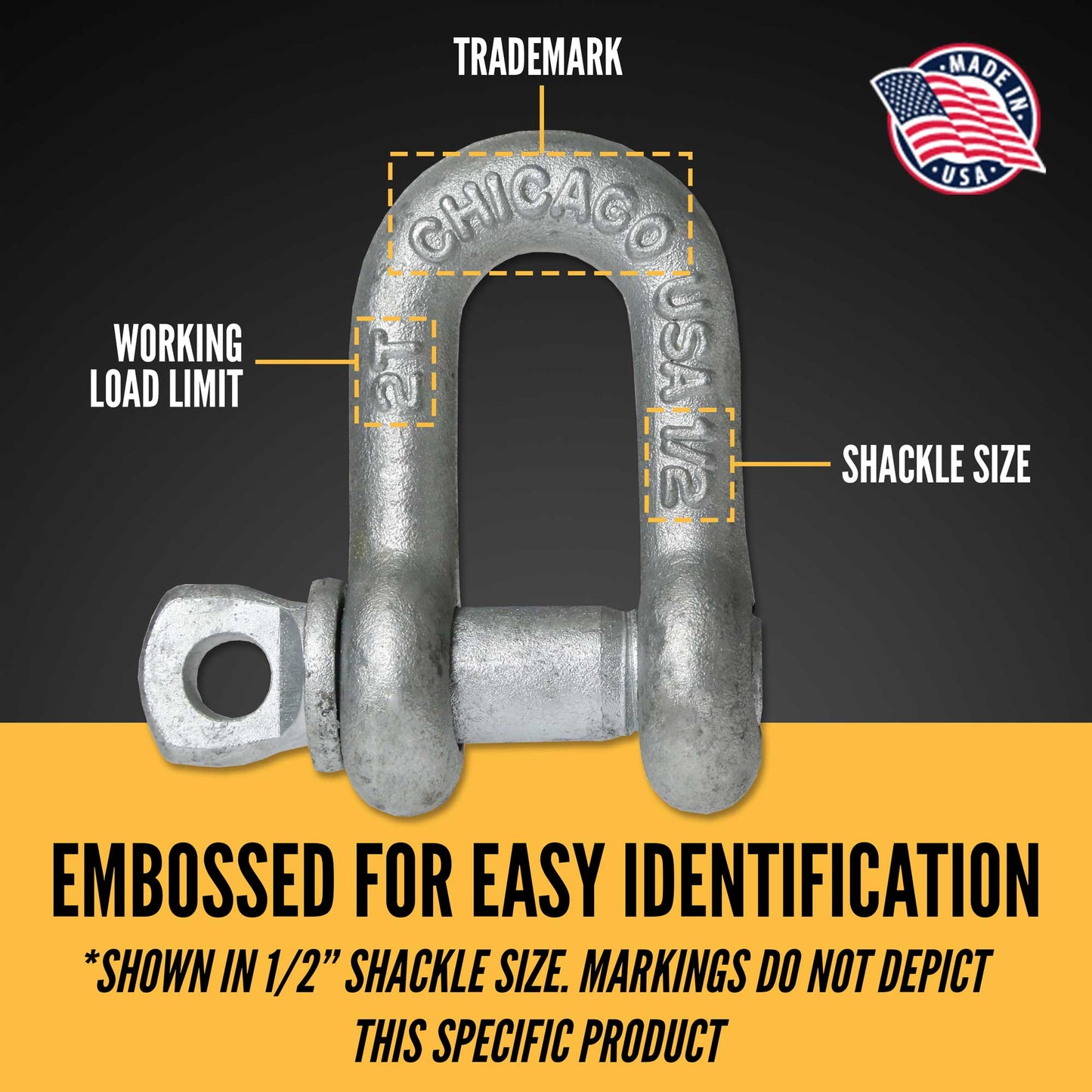 Screw Pin Chain Shackle - Chicago Hardware - 3/8" Galvanized Steel - 1 Ton embossed for easy identification