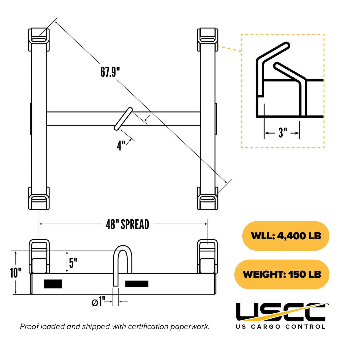 Container Lifting Beam -  4,000 Lb. Capacity - 4' Max Spread