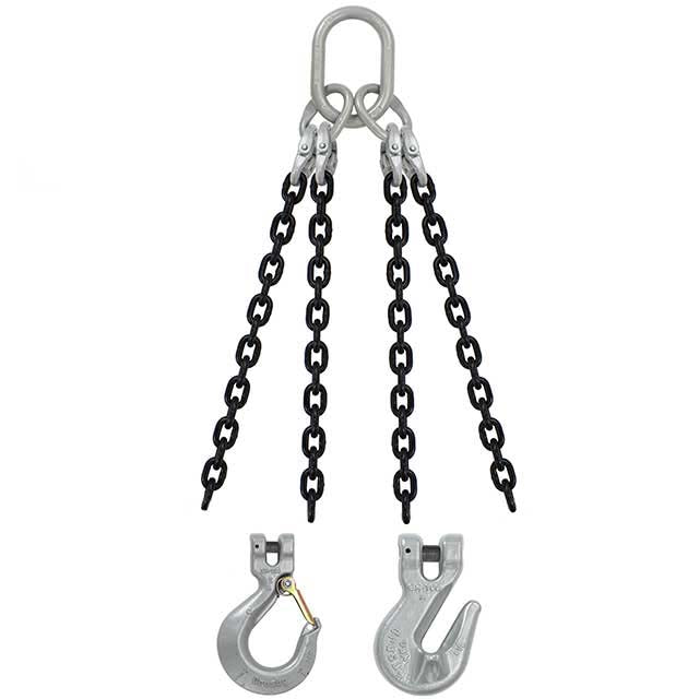 3/4" x 6' - Domestic 4 Leg Chain Sling with Crosby Grab Hooks - Grade 100