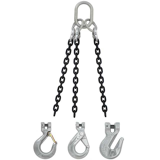 5/8" x 8' - Domestic 3 Leg Chain Sling with Crosby Self-Locking Hooks - Grade 100
