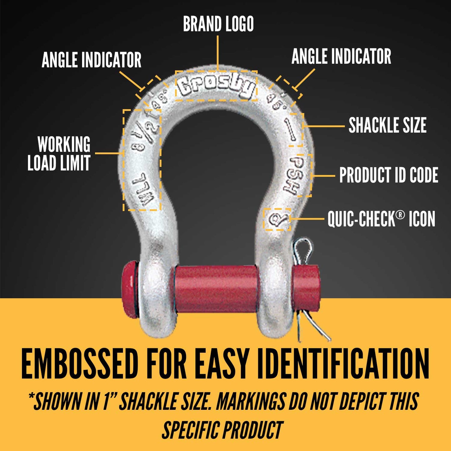 1/2" Crosby® Round Pin Anchor Shackle | G-213 - 2 Ton embossed for easy identification