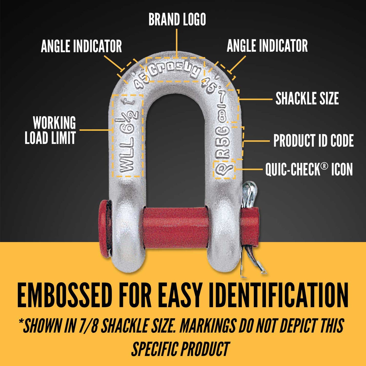 7/16" Crosby® Round Pin Chain Shackle | G-215 - 1.5 Ton embossed for easy identification