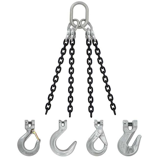 3/8" x 5' - Domestic 4 Leg Chain Sling with Crosby Self-Locking Hooks - Grade 100