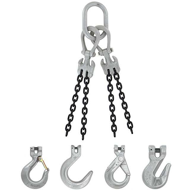 3/8" x 5' - Domestic Adjustable 4 Leg Chain Sling with Crosby Self-Locking Hooks - Grade 100