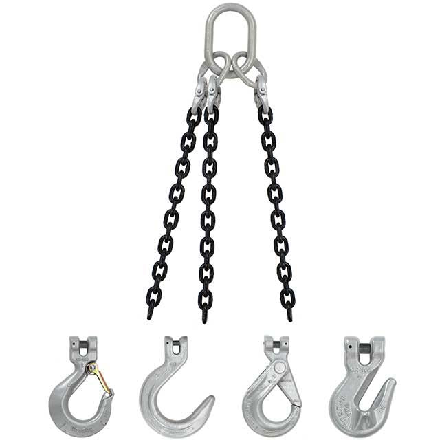 3/8" x 18' - Domestic 3 Leg Chain Sling with Crosby Sling Hooks - Grade 100