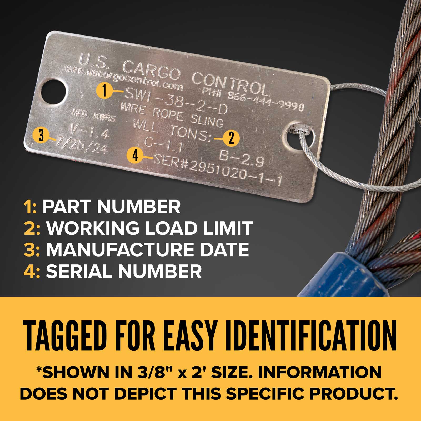 3' 5/8" domestic wire rope sling tagged for easy identification