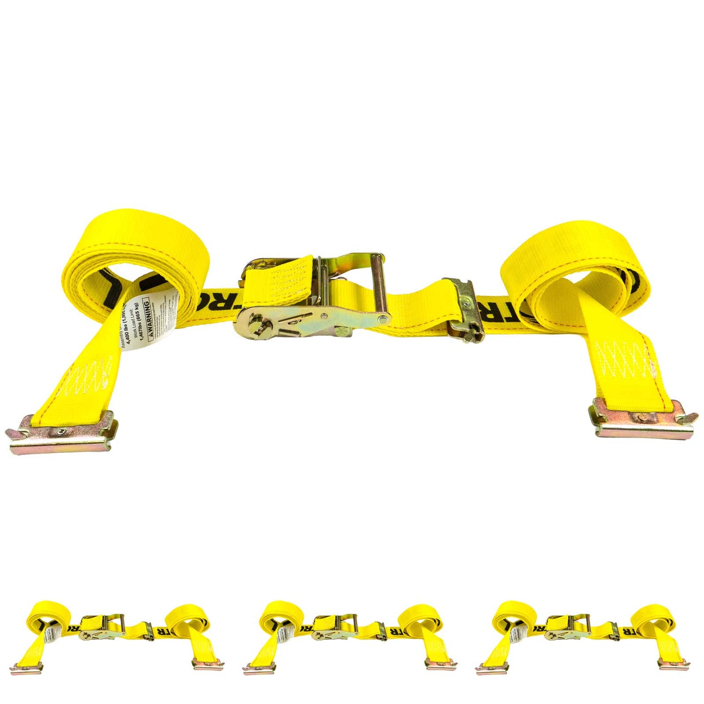 2" x 12' Yellow E-Track Ratchet Strap | Double-Fitted End | 4-Pack