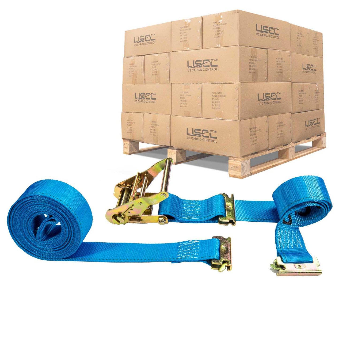  blue 20' E track ratchet strap with double end e fittings
