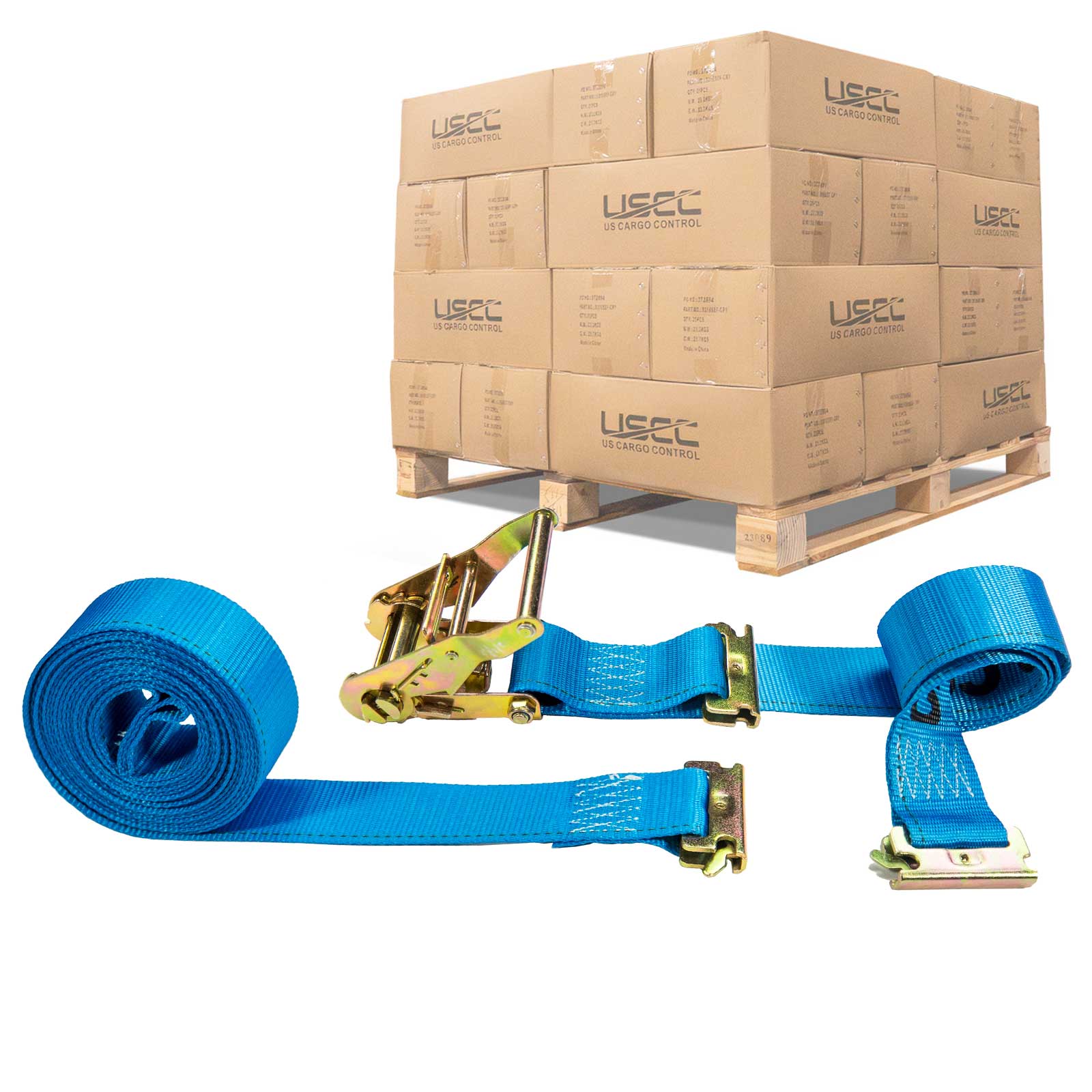  blue 20' E track ratchet strap with double end e fittings