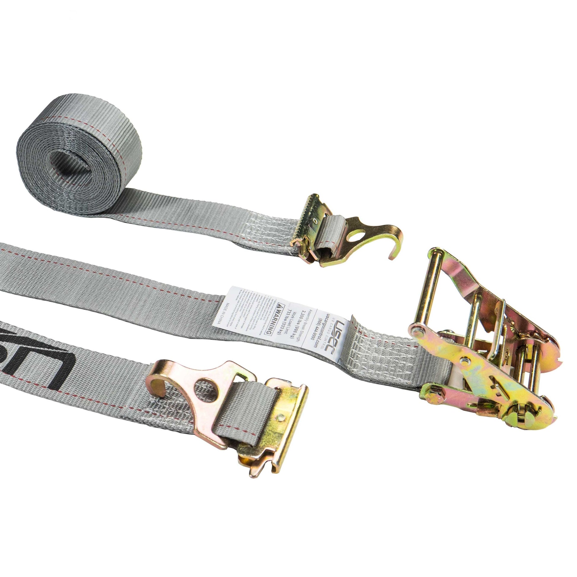 2 inch x 16 foot Gray Ratchet Strap w 2 inch F Track Hooks & Spring EFittings  image 1 of 8