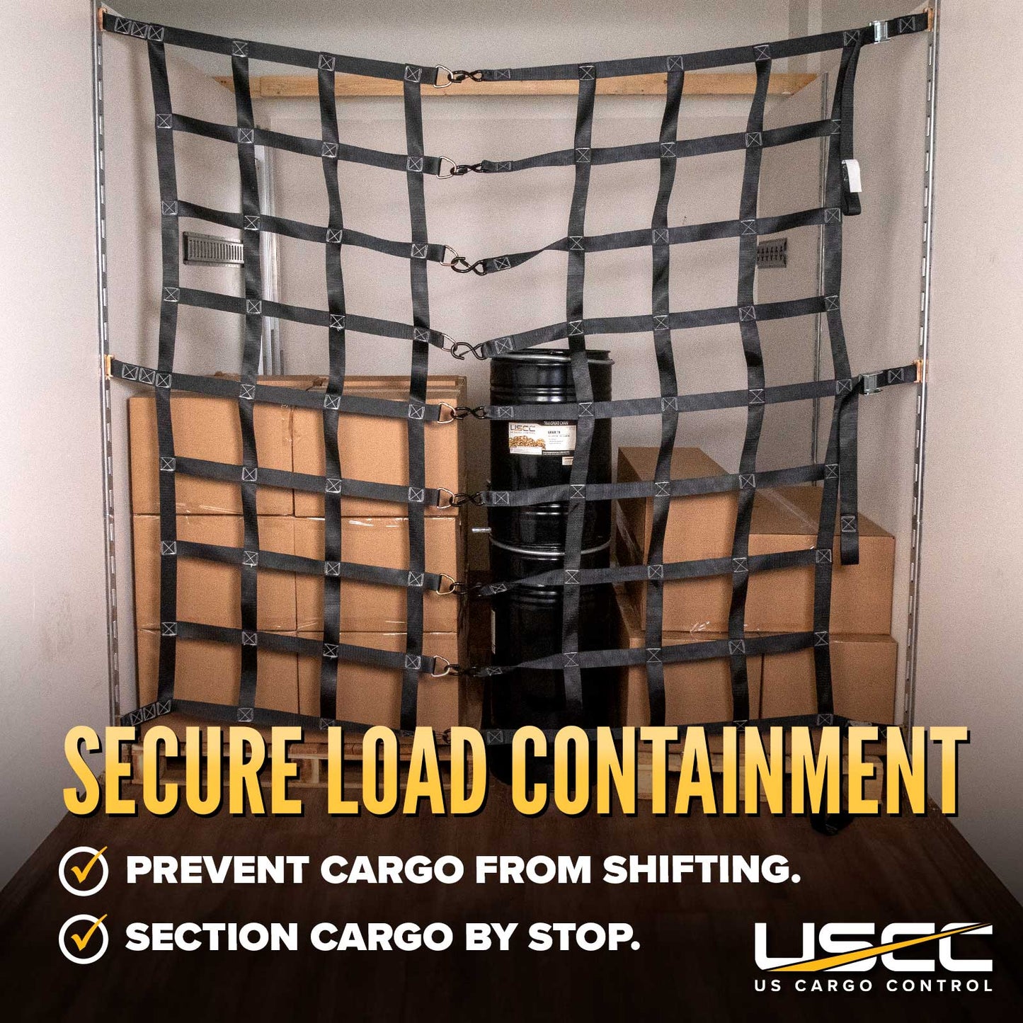 82" x 82" Heavy-Duty Cargo Net with Center Opening | Cam Buckles & E-Track Fittings