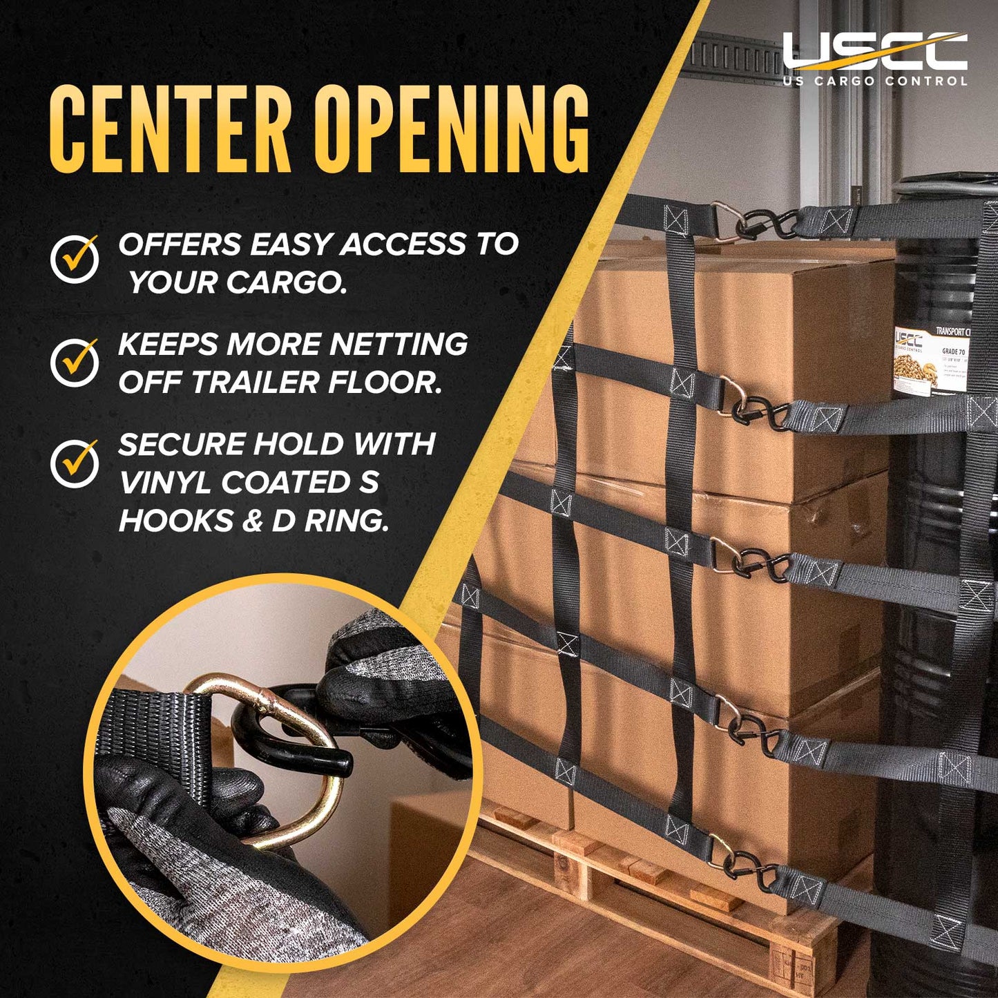 42" x 82" Heavy-Duty Cargo Net with Center Opening | Ratchets & E-Track Fittings