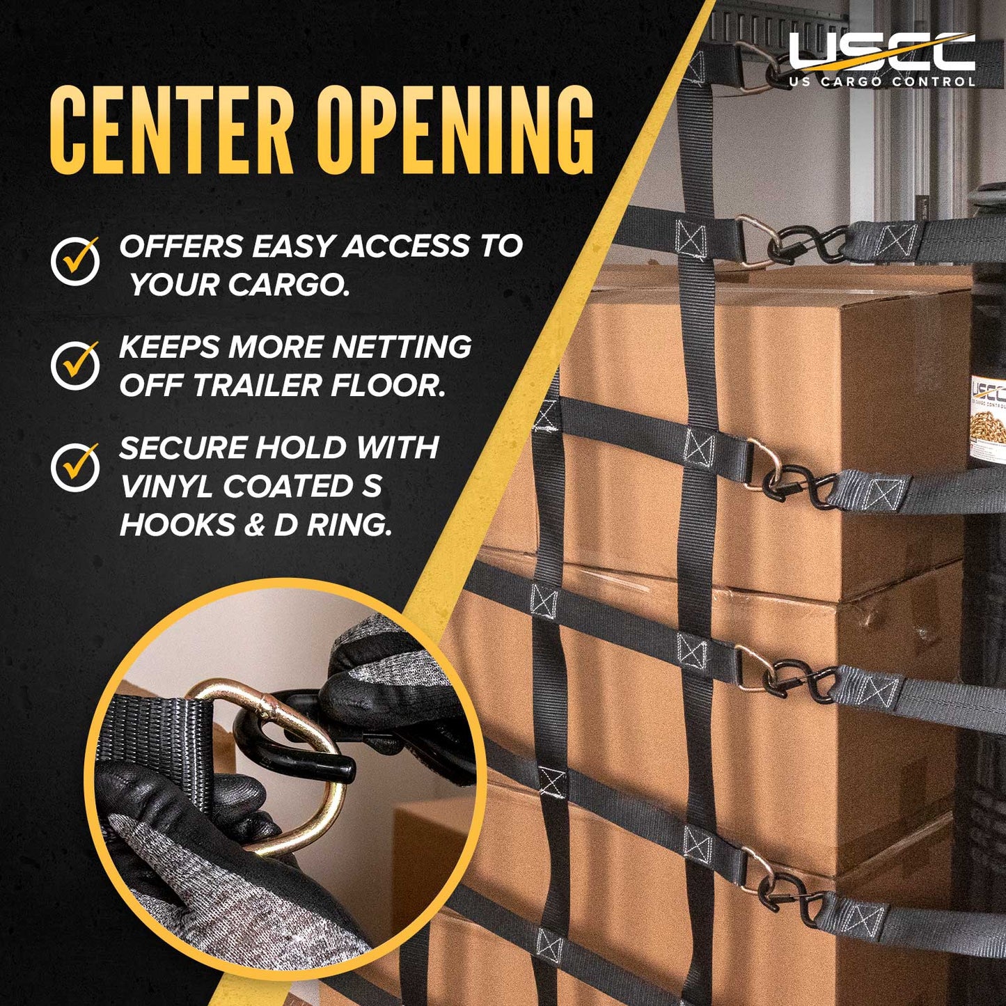 82" x 82" Heavy-Duty Cargo Net with Center Opening | Ratchets & E-Track Fittings