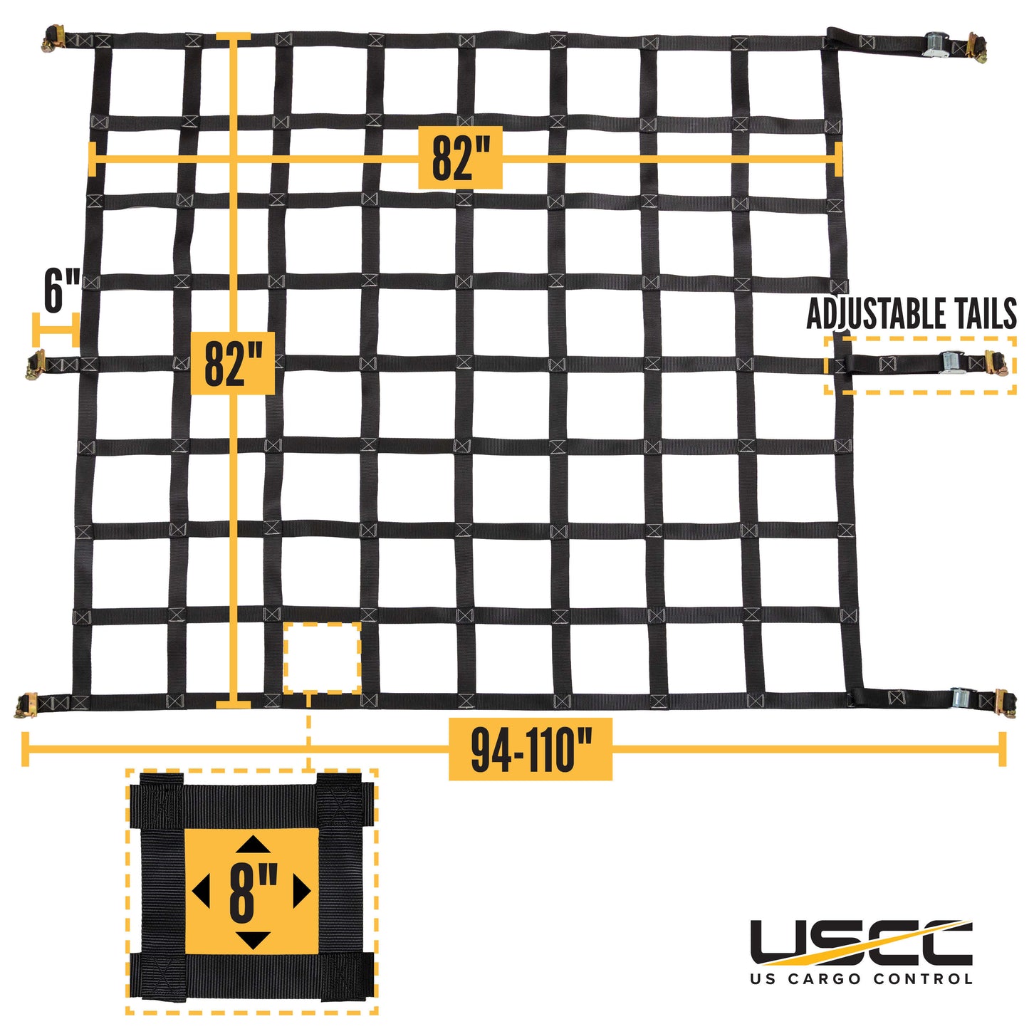 82" x 82" Heavy-Duty Cargo Net with Cam Buckles | E-Track & Double Stud Fittings