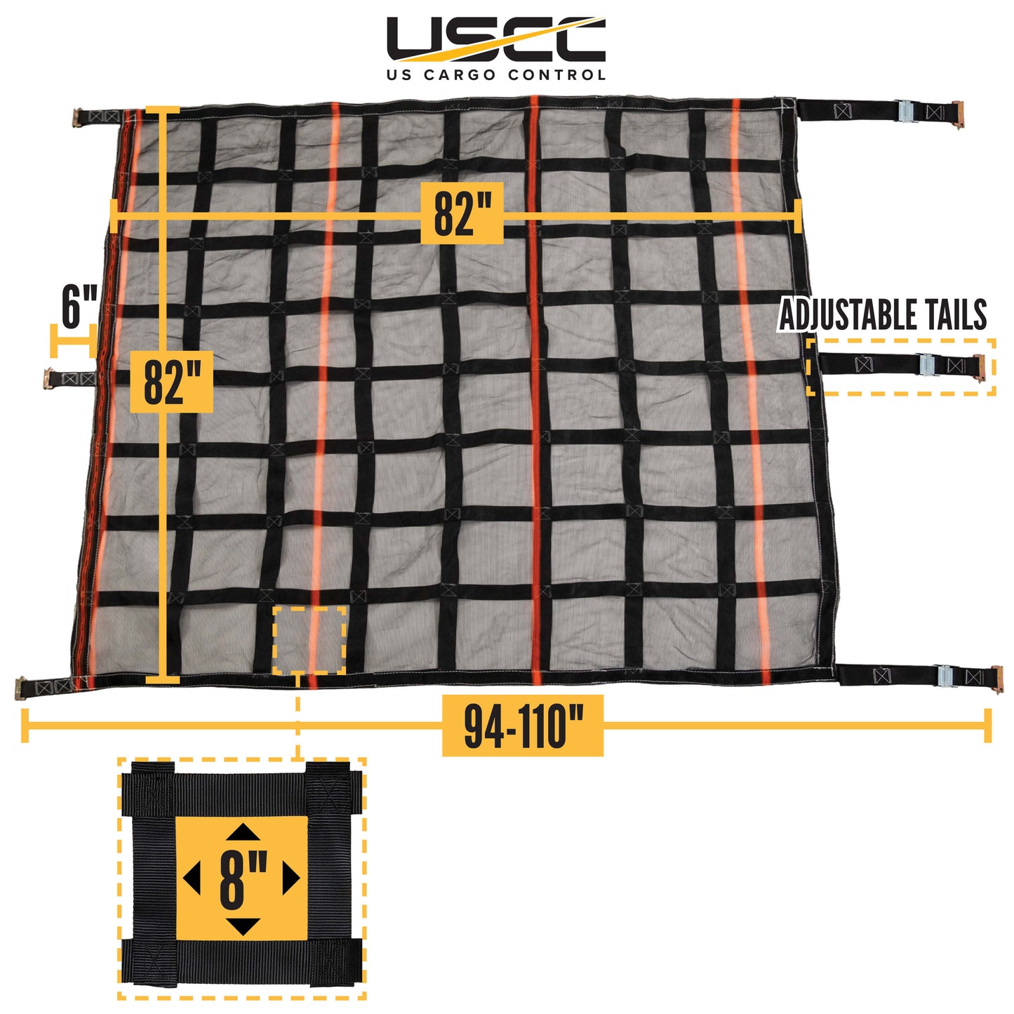 82" x 82" Heavy-Duty Cargo Net with Mesh Lining | Cam Buckles & E-Track Fittings
