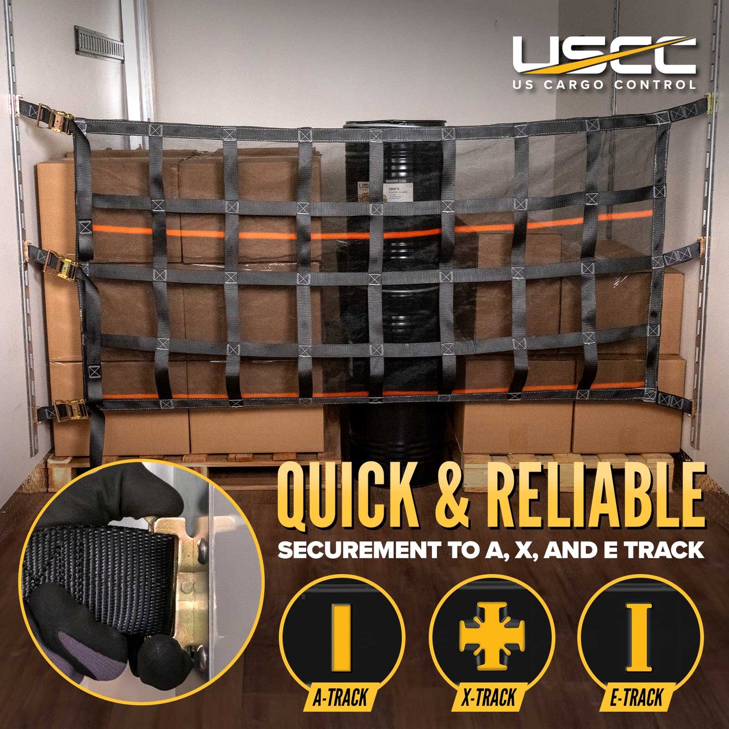 42" x 82" Heavy-Duty Cargo Net with Mesh Lining | Ratchets & E-Track Fittings