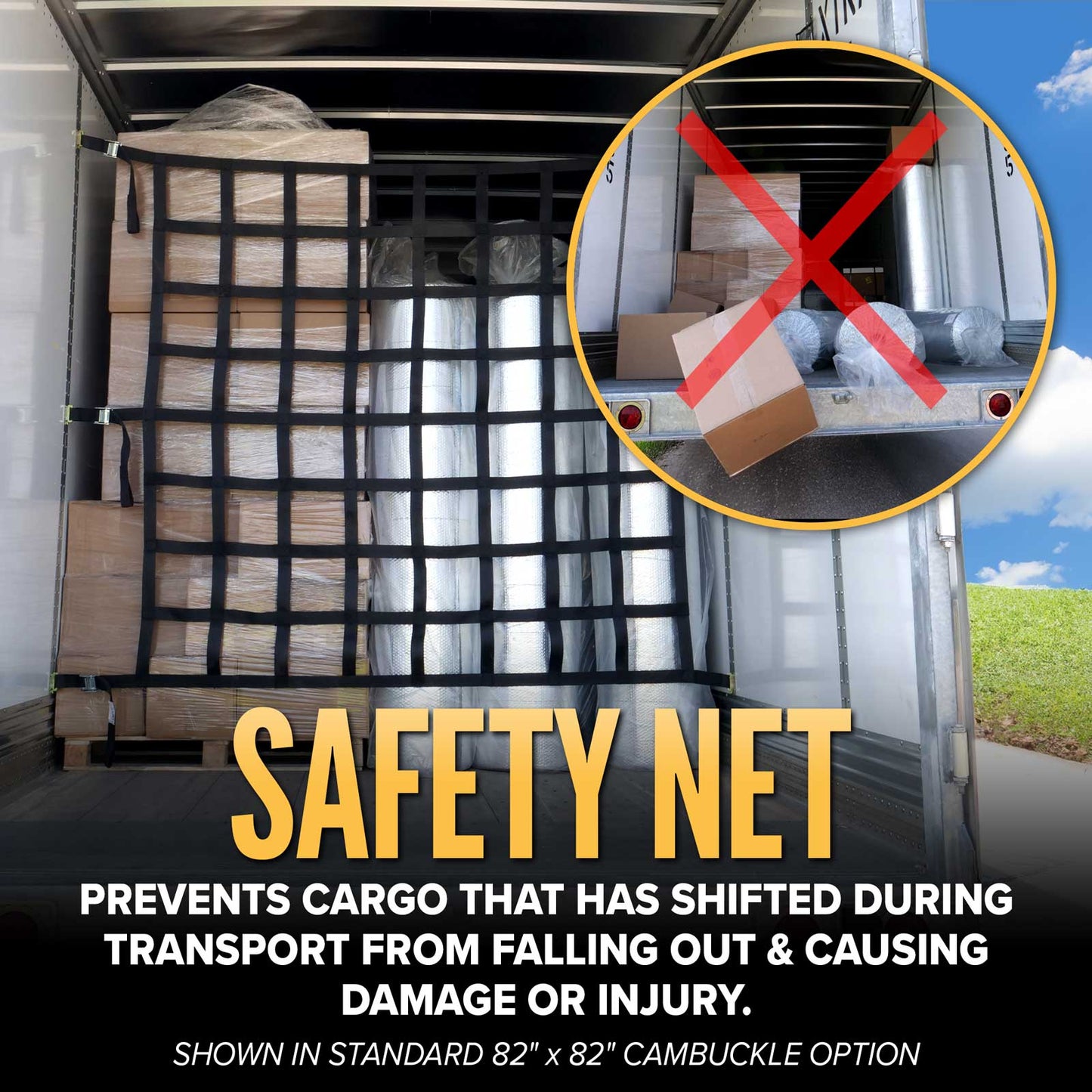 82" x 82" Heavy-Duty Cargo Net with Mesh Lining | Ratchets & E-Track Fittings