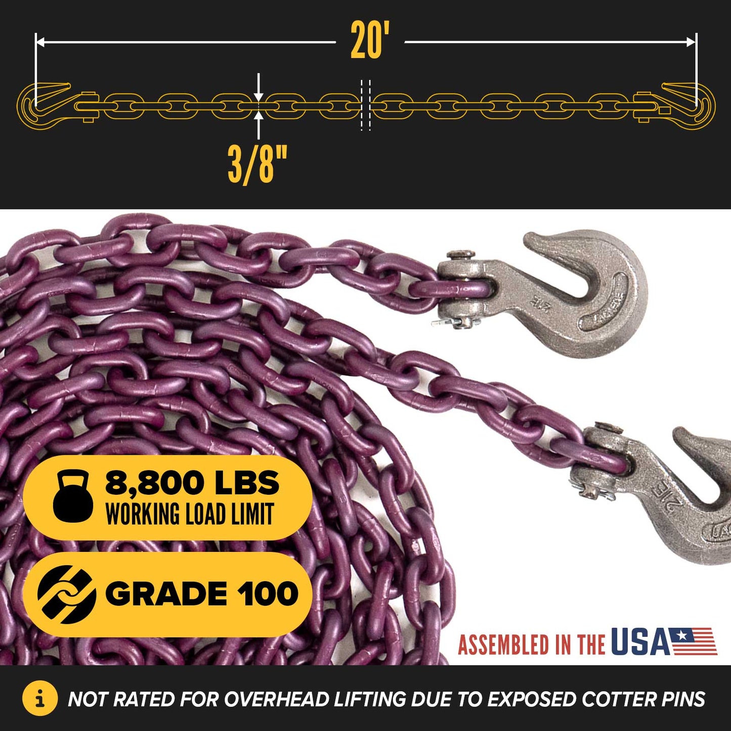 3/8" x 20' Tie Down Chain with Clevis Grab Hooks | Grade 100