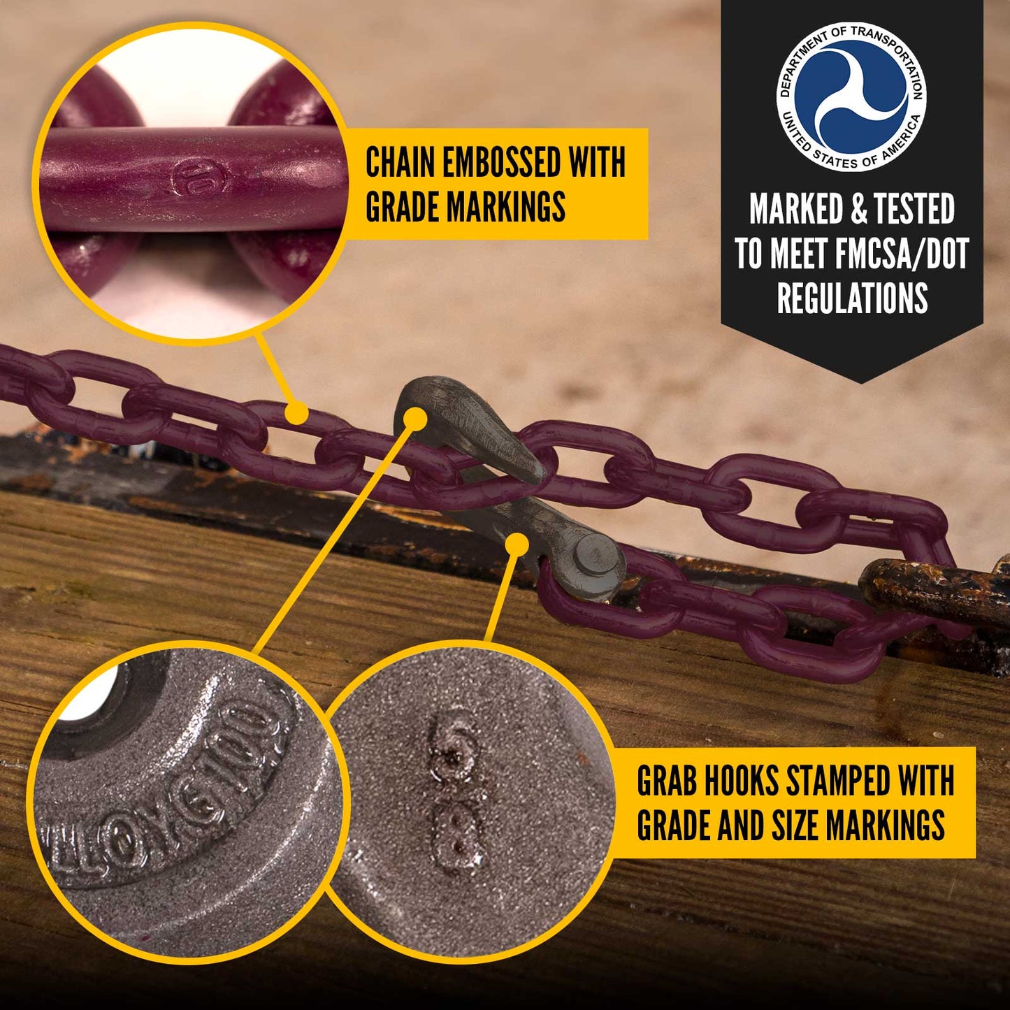 5/8" x 10' Tie Down Chain with Clevis Grab Hooks | Grade 100