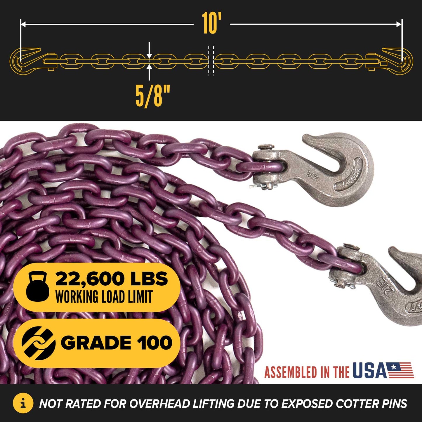 5/8" x 10' Tie Down Chain with Clevis Grab Hooks | Grade 100
