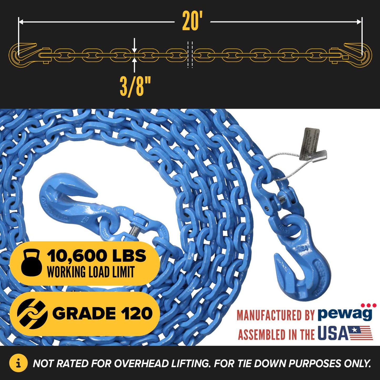 3/8" x 20' Tie Down Chain with Eye Grab Hooks | Grade 120