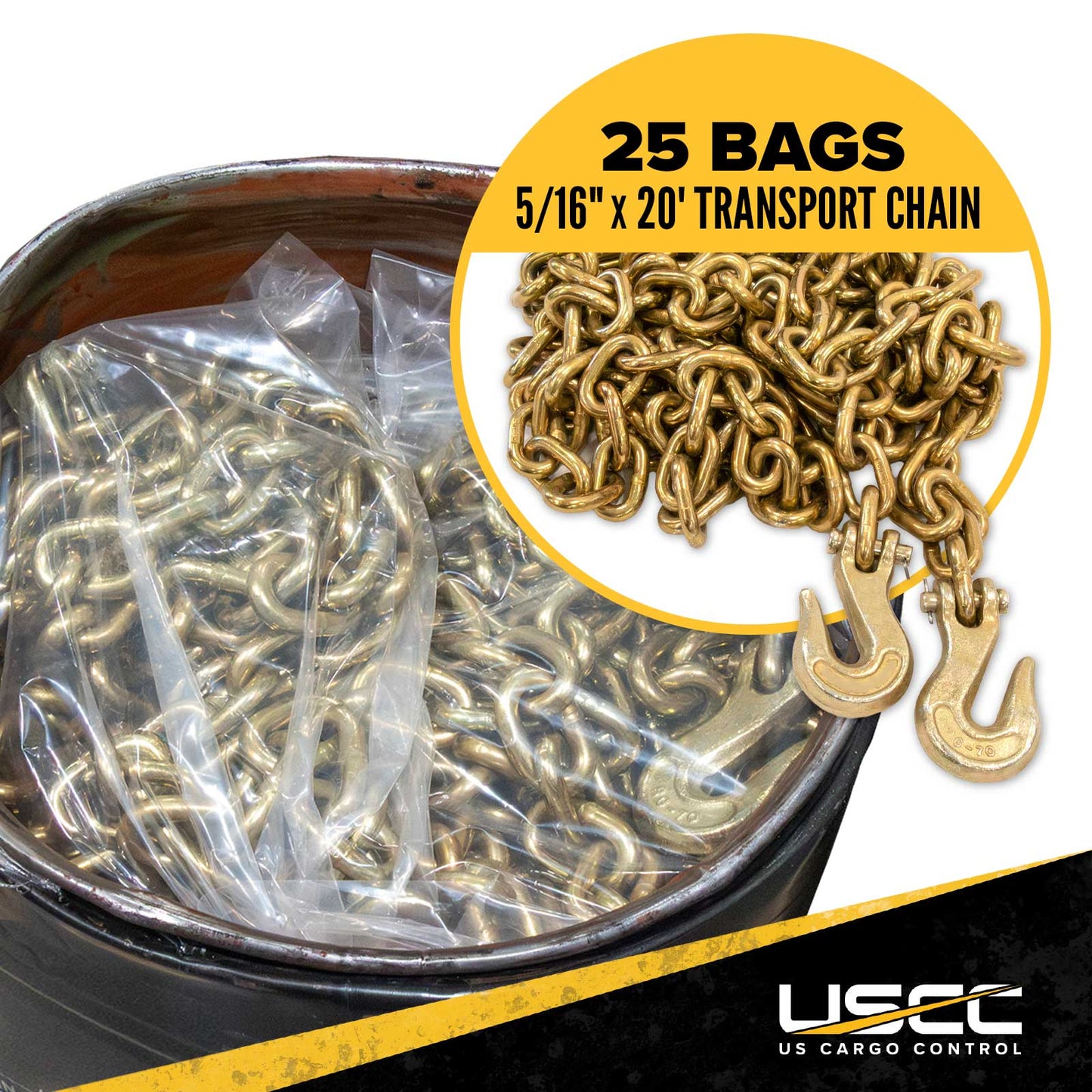 5/16" x 20' Grade 70 Transport Chain with Clevis Grab Hooks | 25-Pack Drum