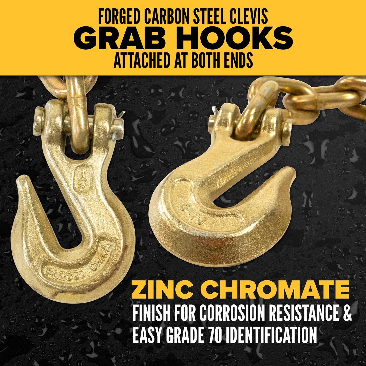 1/2" x 20' Grade 70 Transport Chain with Clevis Grab Hooks | 10-Pack (Drum)