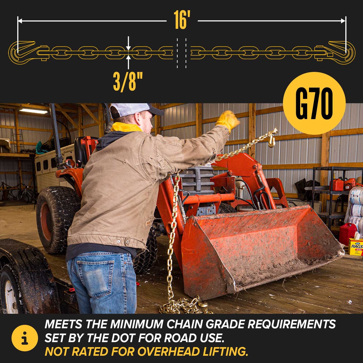 3/8" x 16' Grade 70 Transport Chain with Clevis Grab Hooks | 20-Pack (Drum)